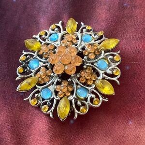 Vintage Brooch 1.75” Round Flower Center Stones Orange Blue Yellow Silver Tone